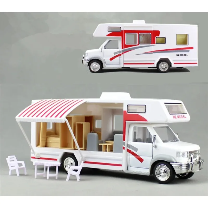 

[Funny] 22cm Motorhomes Morto Home Coach Camper Van Model Diecast with Light and Sound Pullback Alloy Car Include Furniture Toy