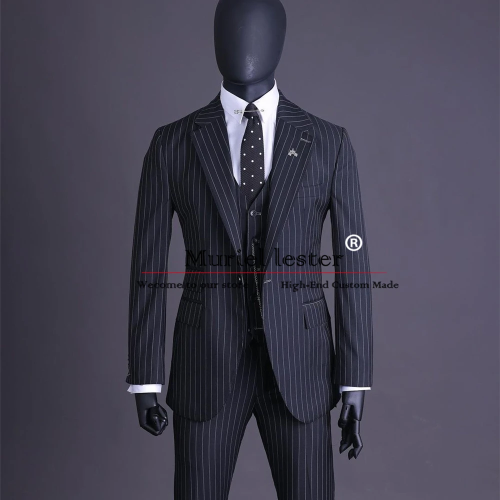 Classic Grey Stripe Wedding Suits For Men Slim Fit Single Breasted Jacket Vest Pants 3 Pieces Business Banquet Prom Blazers Sets