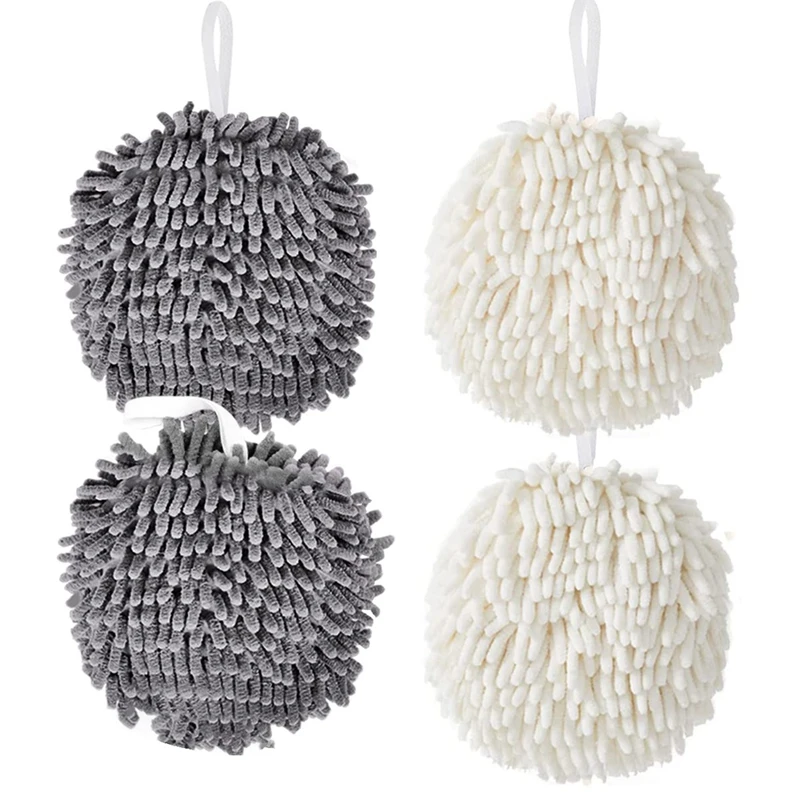 4 Pieces Chenille Hanging Hand Towels Hanging Absorbent Soft Hand Bath Towel Fuzzy Ball Hand Towel