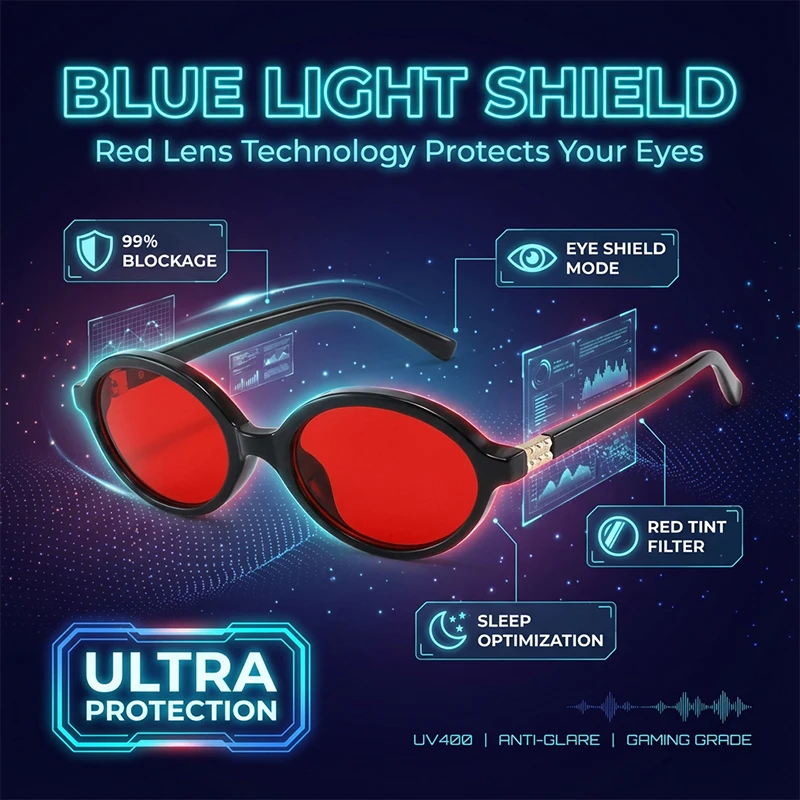 Anti Lumière Bleue Bloquant Mieux Dormir Lunettes 2026 À La Mode Ovale Lire Ordinateur Jeu Rouge Lentille Filtre Lunettes Photochromiques Nuances