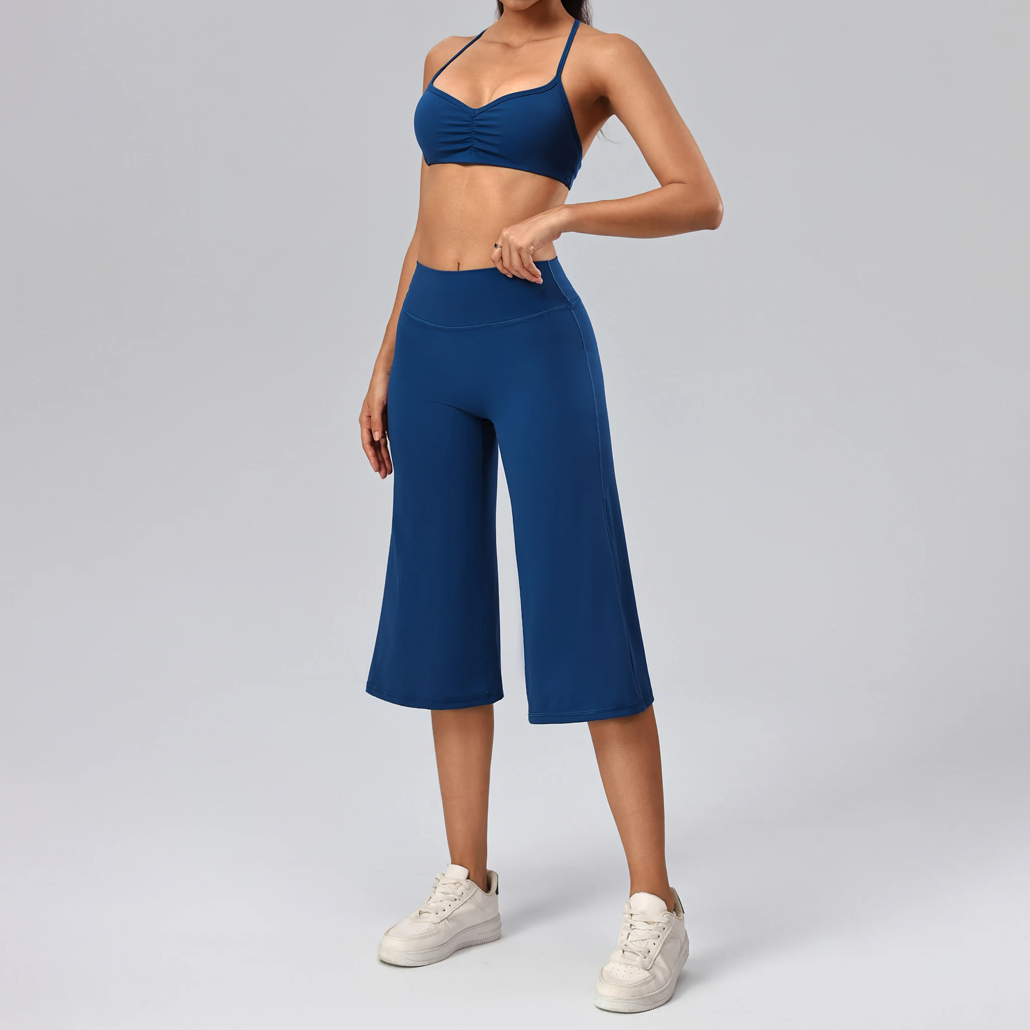 Hearuisavy Women's 2 Pcs Yoga Set Halter Neck Fitness Tank Top Sports Bra High Waist Wide Leg Capri Pants Running Gym Sportswear view 2
