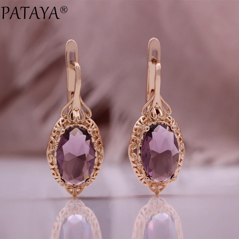 PATAYA Hot Elliptical Natural Zircon English Earrings for Women 585 Rose Gold Color High Quality Daily Jewelry