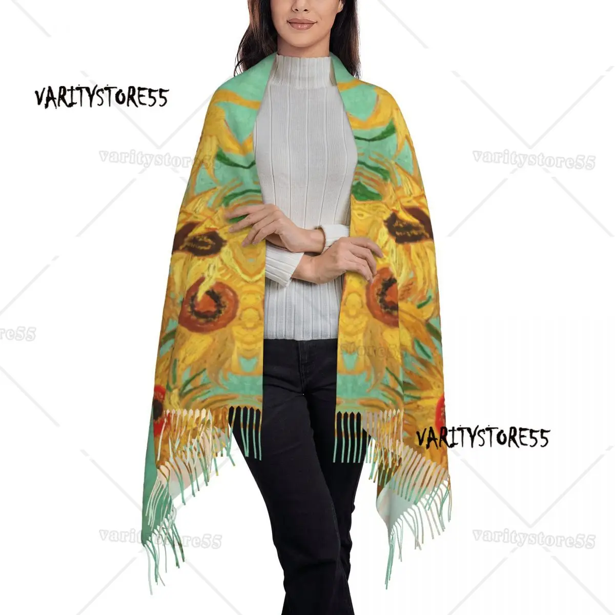 Custom Twelve Sunflowers In A Vase Tassel Scarf Women Soft Vincent Van Gogh Shawl Wrap Ladies Winter Fall Scarves