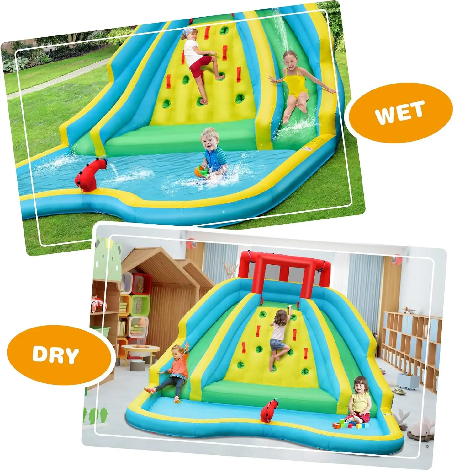 팽창식 워터 슬라이드, 750w 송풍기, 자이언트 키즈 워터 파크, 긴 슬라이드 2 개, 등반 벽, 워터 호스 및 캐논 포함
