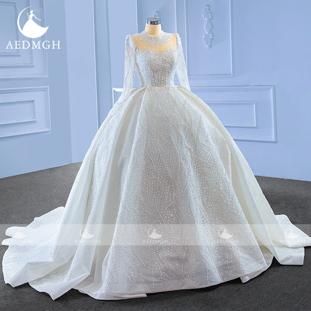 Aedmgh Ball Gown Abiti da sposa principessa Collo alto Manica lunga Vestido De Novia Abito da sposa su misura di lusso con paillettes in pizzo