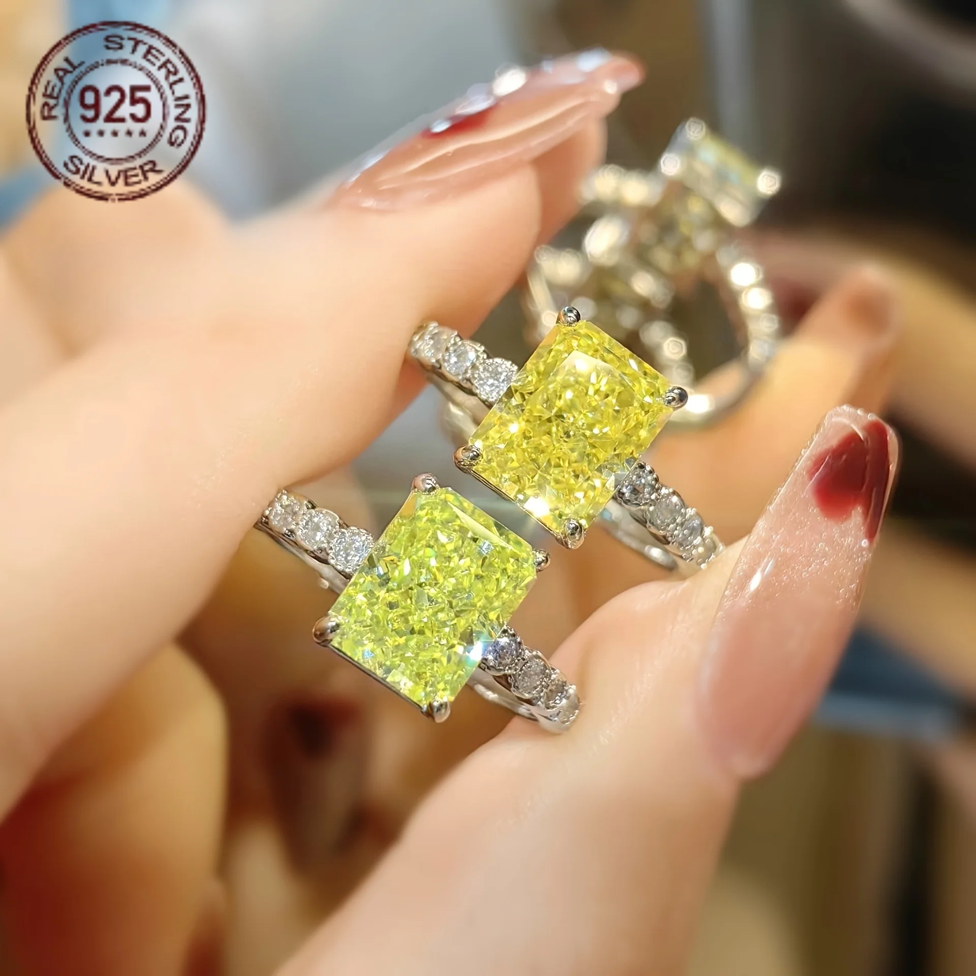 

Luxury Square Yellow Ice Flower Cut Cubic Zirconia Rings Fashion 925 Silver Wedding Bands Accessories For Women Trendy Jewelry