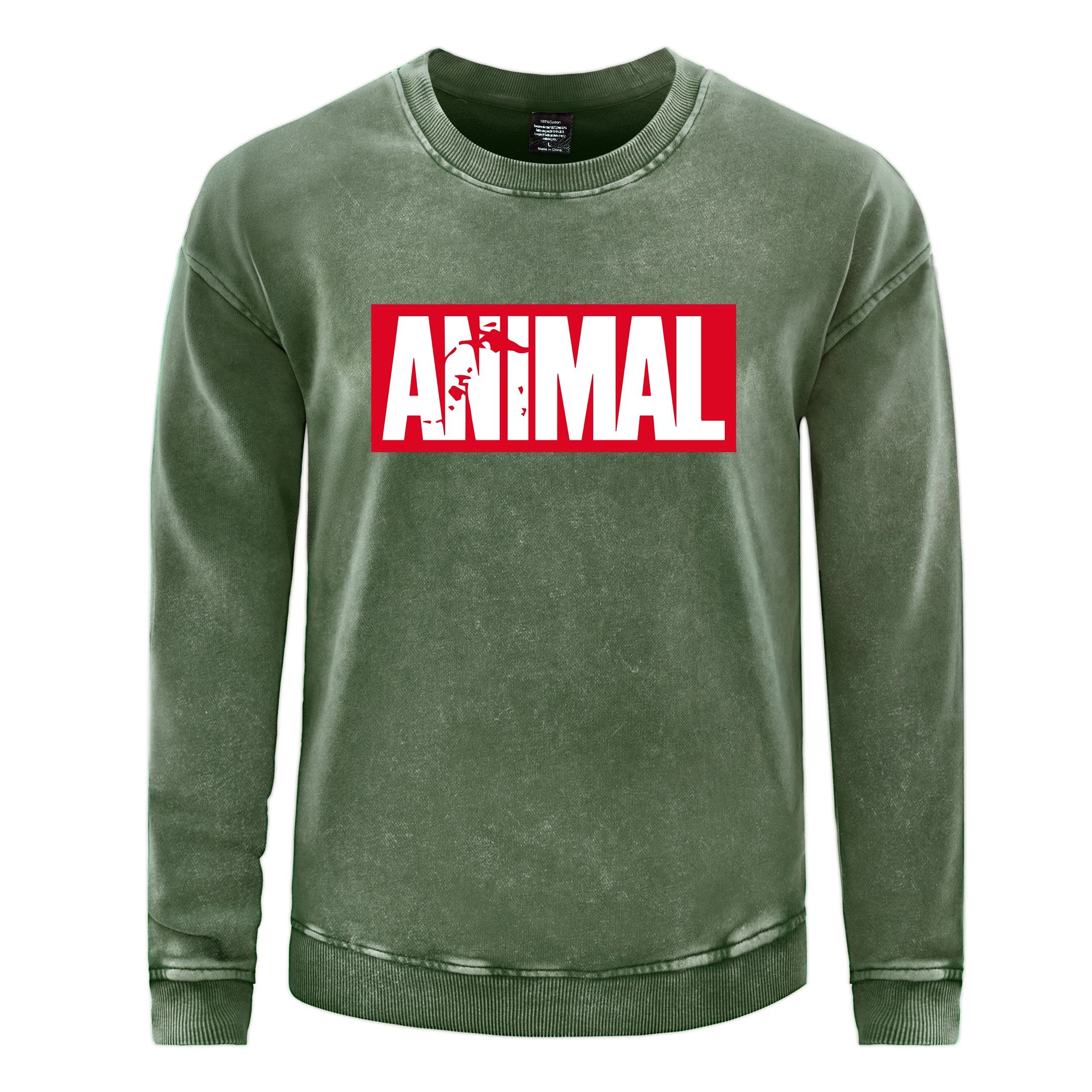 Animal Letter Printing Male Distressed Washed Round Neck Sweatshirt Fashion Comfortable Hooded Autumn Warm Cotton Vintage Tops