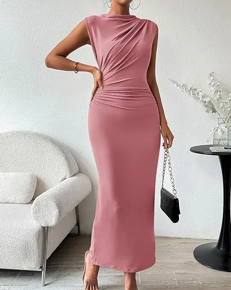 Robe moulante plissée sans manches avec fente au dos, robe élégante et tendance pour femmes, idéale pour les trajets quotidiens, les rendez-vous et les occasions formelles