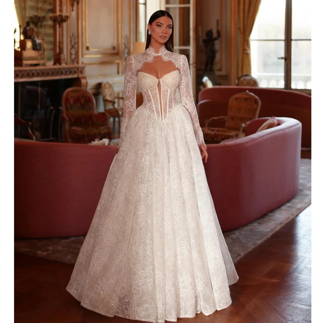 

Sparkly White Wedding Dresses Lace Sequined Corset Bridal Gown Long Sleeves High Neck Exquisite robe de mariée Customized