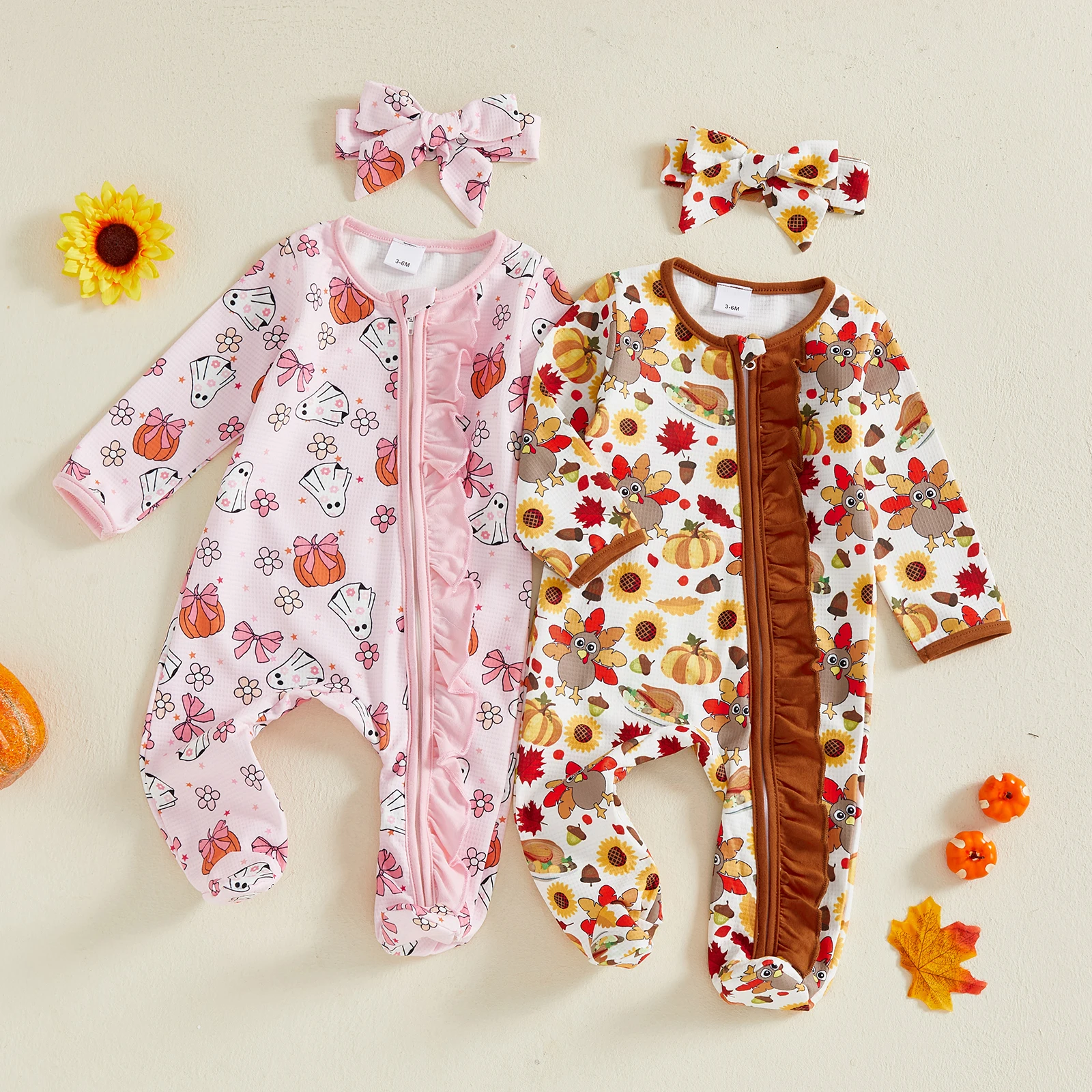 

SUNSIOM Newborn Baby Romper Halloween Infant Girl Long Sleeve Ruffle Zipped Footed Jumpsuit with Headband 2Pcs Outfit