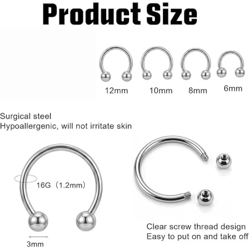 6PCS 16G Surgical Steel Non-Piercing Fake Faux Clip On Septum Nose Hoop Ring Body Jewelry Piercing Unisex Horseshoe Pincher Ring