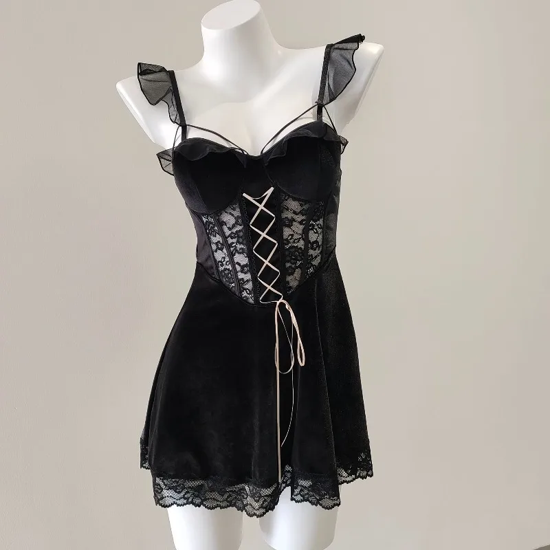 프랑스 섹시 벨벳 파자마 여성용 나이트가운 겨울용 가슴 패드 포함 서스펜더 나이트드레스 리본 스트랩 드레스 여성용 라운지웨어