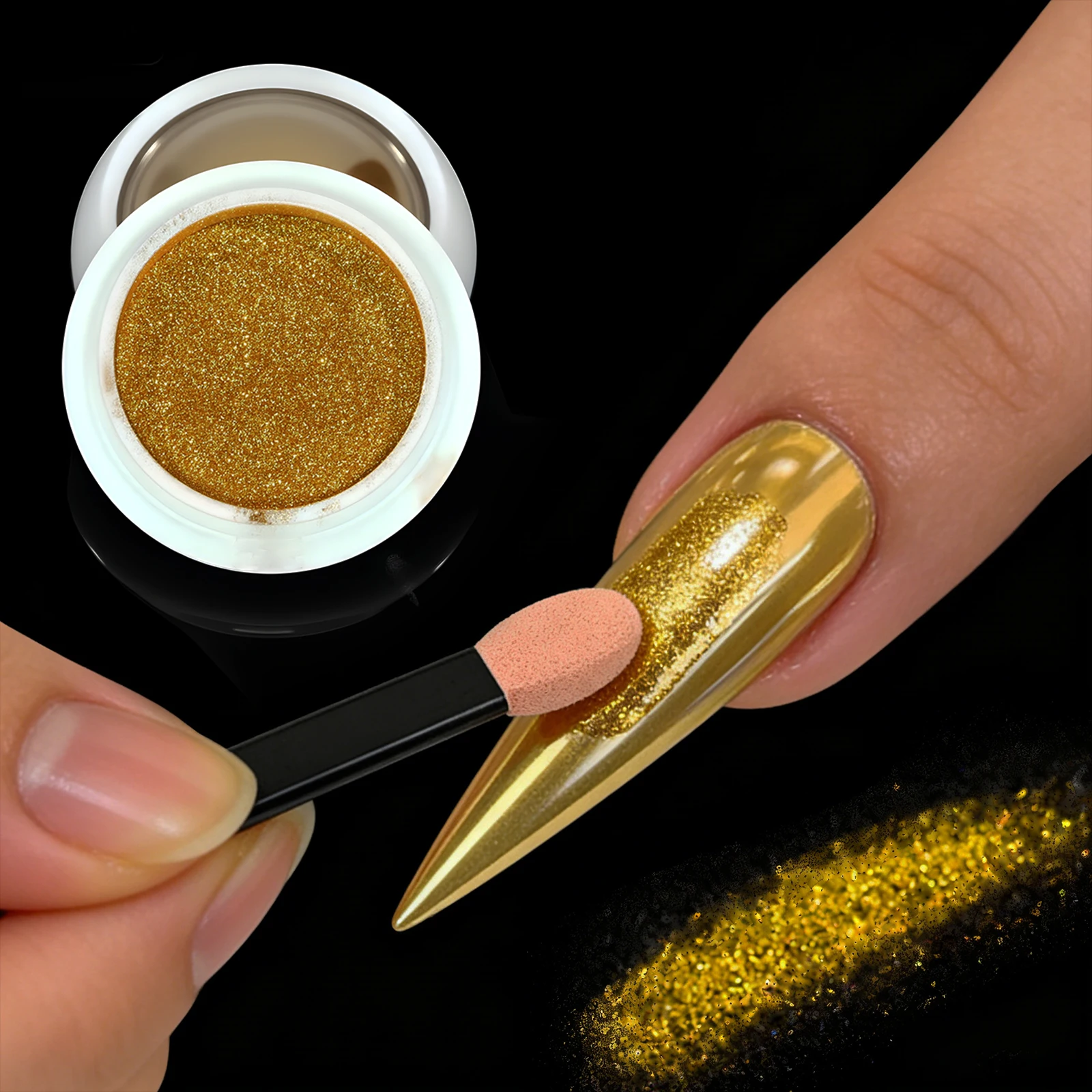 Mirror Chrome Nail Powder Set 2 Colors Golden Silver Metallic Nail Glitter Pigment with Sponge Tool Magic Mirror Effect Nail Art