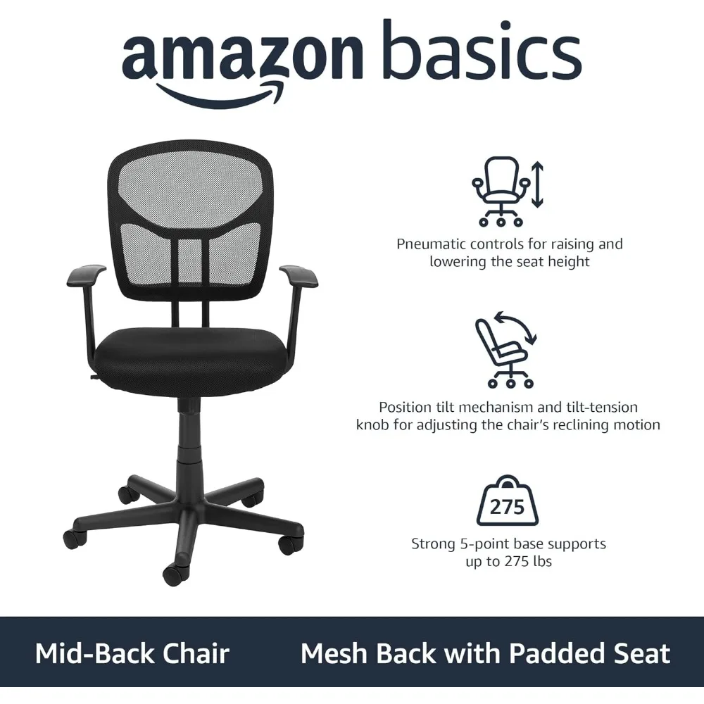 Mesh Mid-Back Office Desk Chair com braços e apoio lombar, altura ajustável, 360 graus giratória