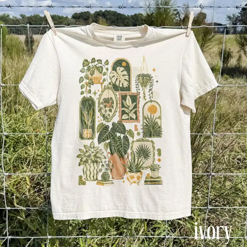 Retro Boho Plant Graphic Tee, Houseplant Collage Shirt, Vintage Botanical Aesthetic Style, Plant Lady Gift Tee