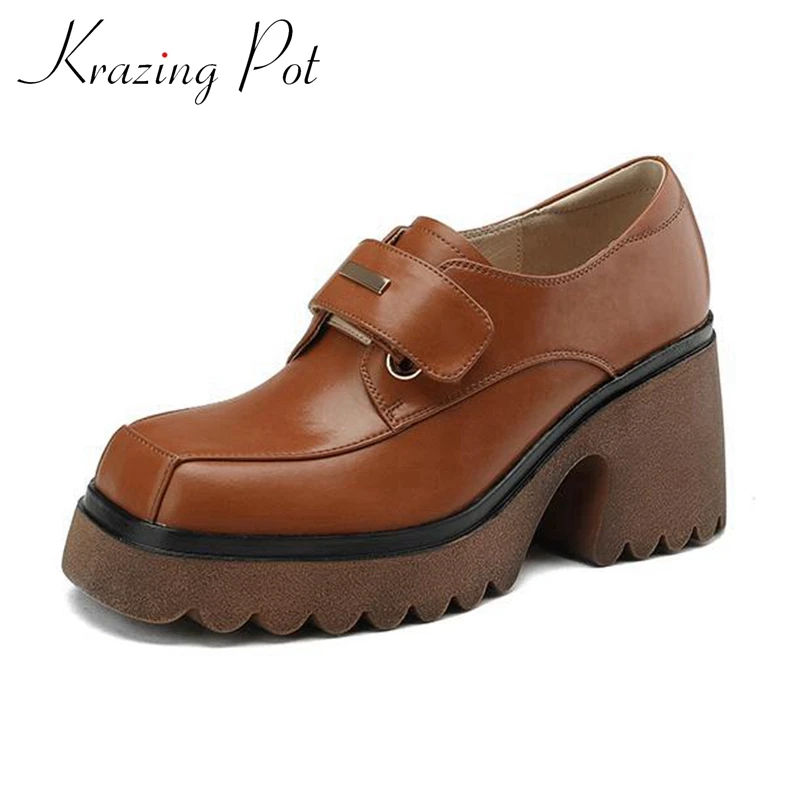 

Krazing Pot New Arrival Cow Split Leather Square Toe Thick High Heels Platform Retro Fashion Oriental Neutral Loop Women Pumps