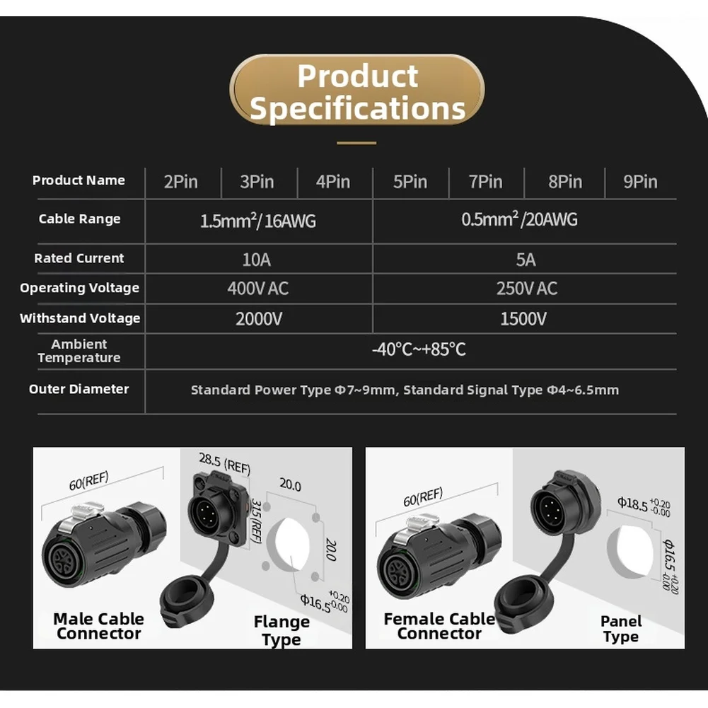 Reverse Mount Waterproof Aviation Connector 2P 3P 4P 5P IP68 Panel To Board For LED For Lighting Automation Security Electrical