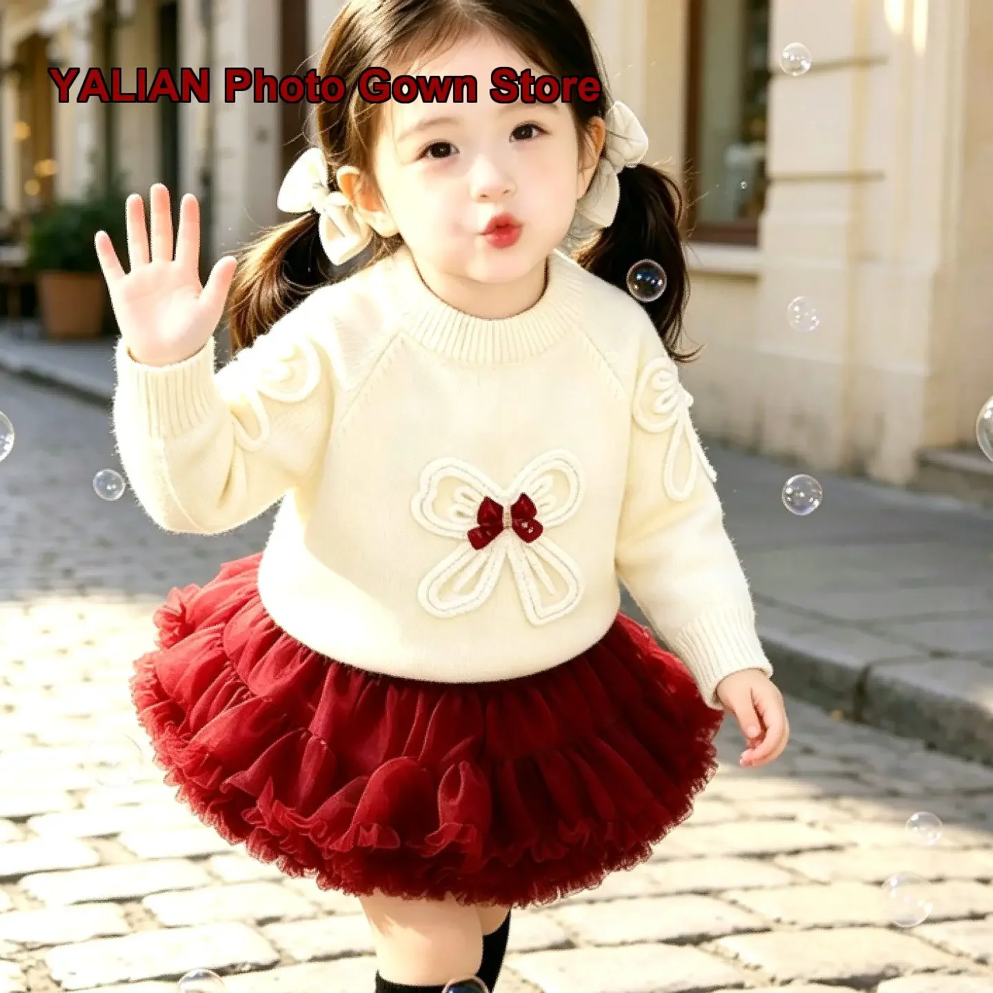 Kids Two-Piece Set with Bow Round Neck Pullover Sweater Festive Two-Piece Outfit for Baby Girls