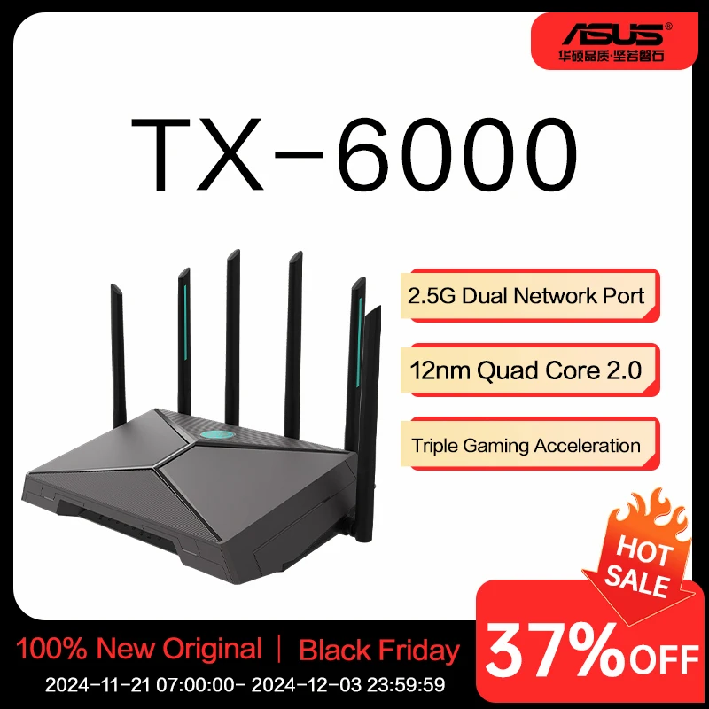 ASUS TX-6000 Gaming Router with Dedicated Gaming Ports 2.5G Dual LAN Ports, 3-Step Port Forwarding, AiMesh Networking