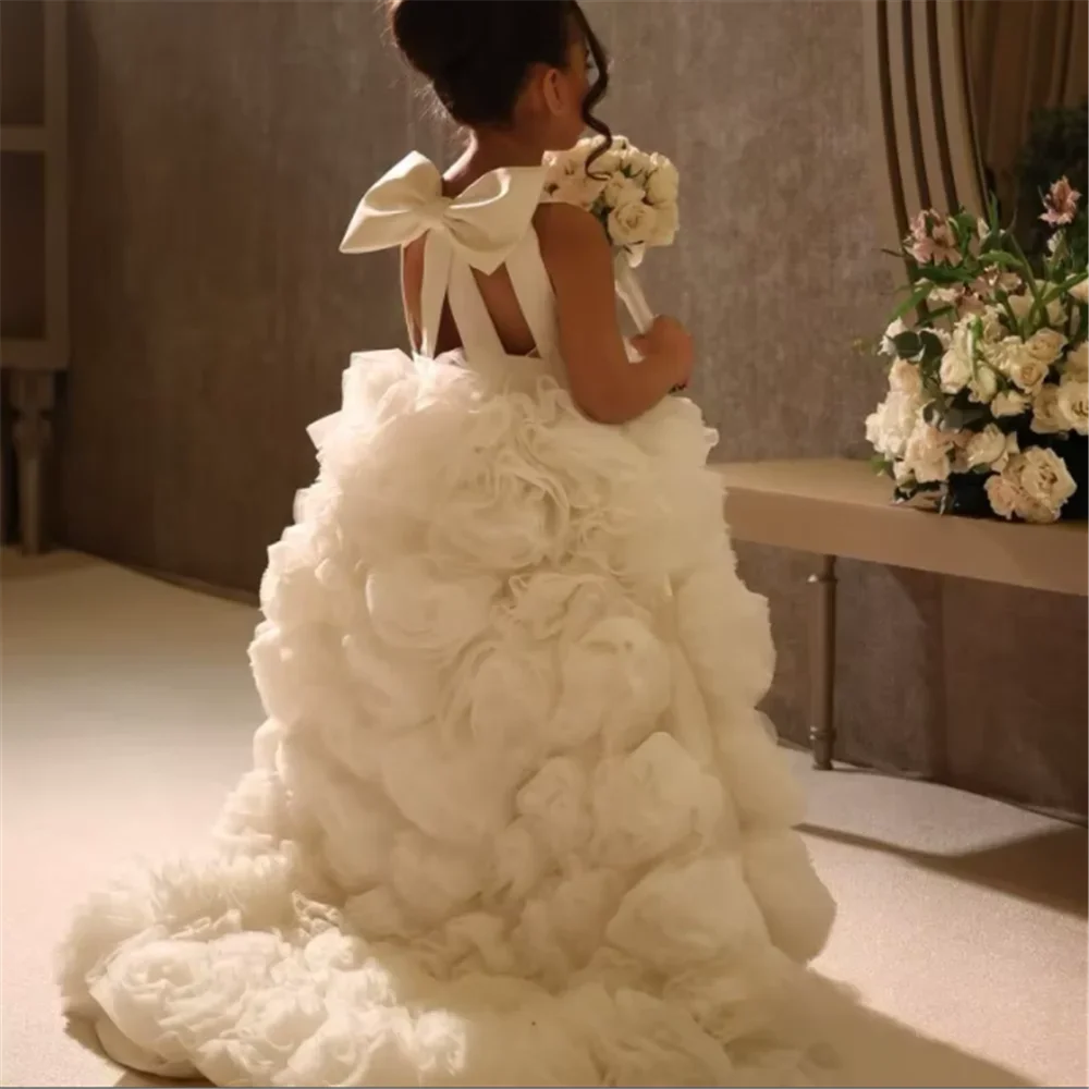 Girls Sleeveless 3D Floral Ruffled Gown With Bow Back Design Suitable For Flower Girl Duties Birthday Parties Piano Recitals And