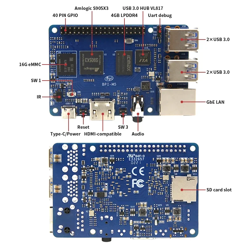 Placa Banana PI BPI M5 Amlogic S905X3 Quad-core Cortex-A55 (2,0xxGHz) Processador 4GB LPDDR4 e 16G Circuitos de Memória eMMC