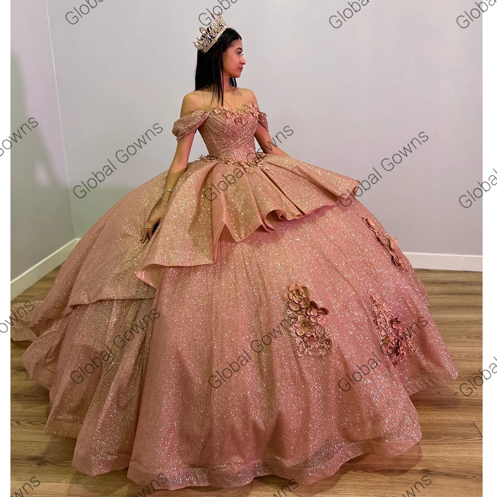 Sparky Rose Gold 3D Flowers Off Shoulder Quinceanera Dress Bead Tiered Princess Ball Gown for Sweet 16 Birthday Party Customized