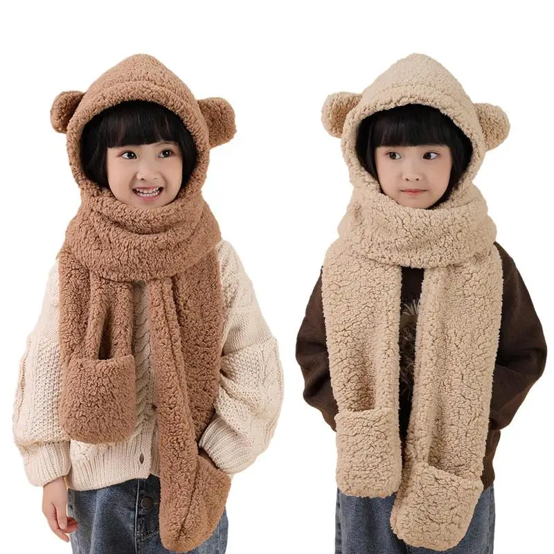 Winter Cartoon Child Hat Scarf Bear Ear Hat Scarf Gloves Set 3 in 1 Keep Warm Casual Plush Hats Thicken Neck Scarf