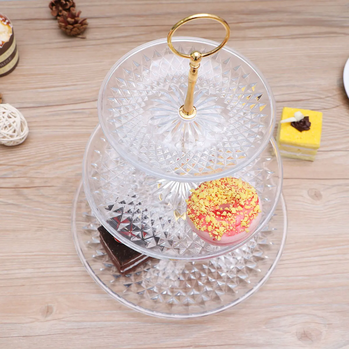 

Three Tiers Cake Display Stand Size S Golden Stick Plastic Dessert Stand Party Serving Platter Cupcake Fruit Tray Wedding
