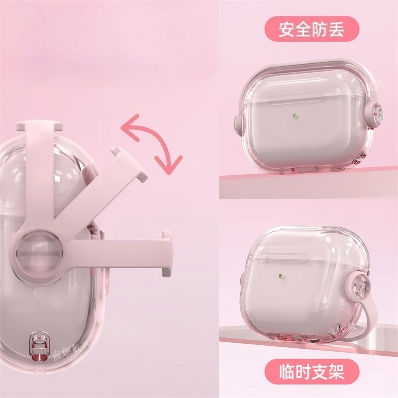 

For AirPods Pro3 2 Pink Clear Case Cute Music Stand Holder Silicone Soft TPU Protective Earphone Cover For Airpod 4 1 2 3 case
