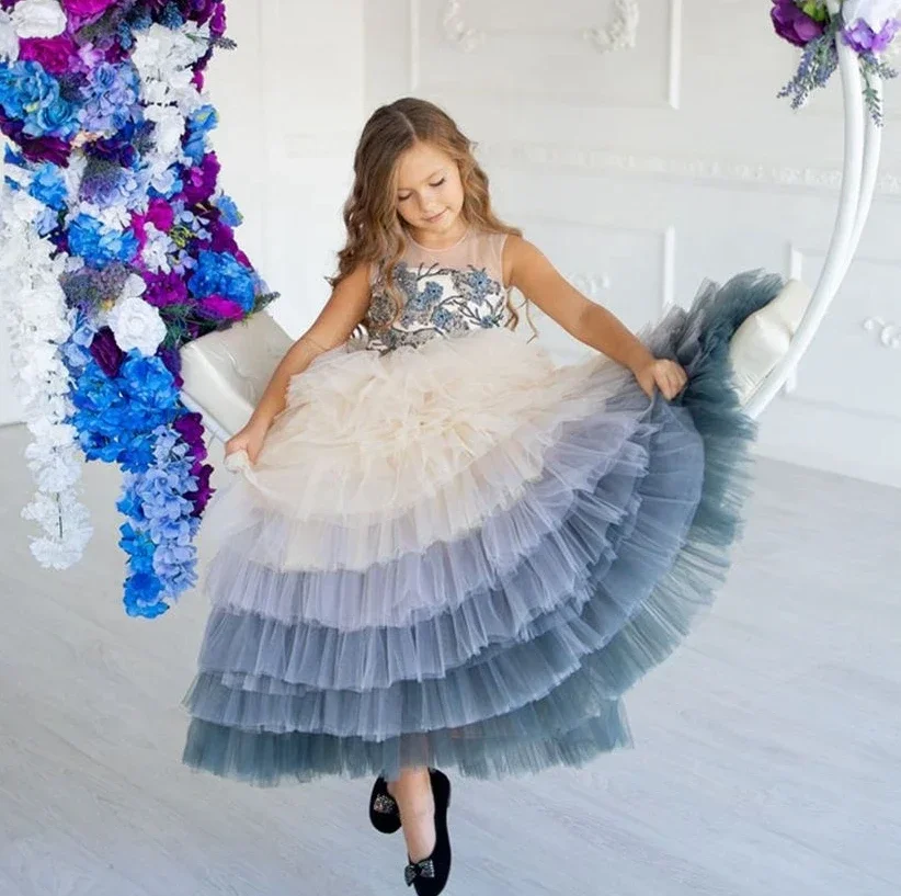 Flower Girls Dresses Sleeveless O-Neck Floor-Length  Ball Gown Wedding Bridesmaid Evening Princess Pageant Dress for Girls 1-14