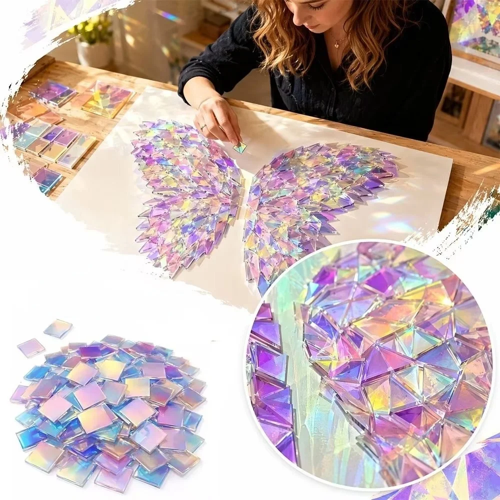 50pcs Rainbow Iridescent Mosaic Tiles Acrylic Iridescent Finish Mosaic Squares Smooth Edges Dual Tone Surface