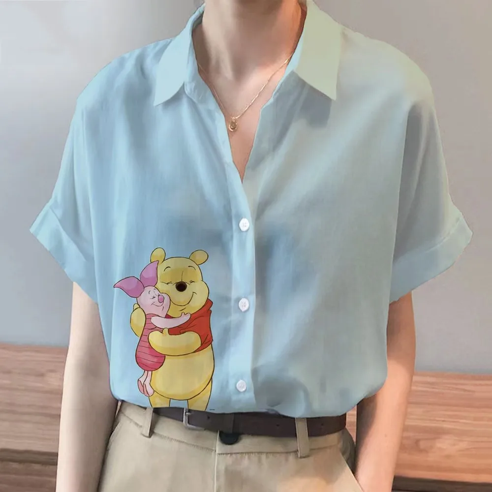 Summer Ladies New Disney Brand Winnie The Pooh And Stitch Anime Harajuku Short Sleeve Shirt Fashion Casual Women's Kawaii Tops