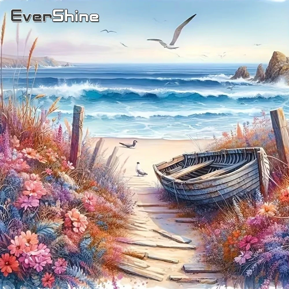 EverShine Seaside Diamond Embroidery Landschaftsgemälde, vollständiges quadratisches rundes Diamant-Mosaik, Schiff, DIY-Kreuzstich, Wanddekoration