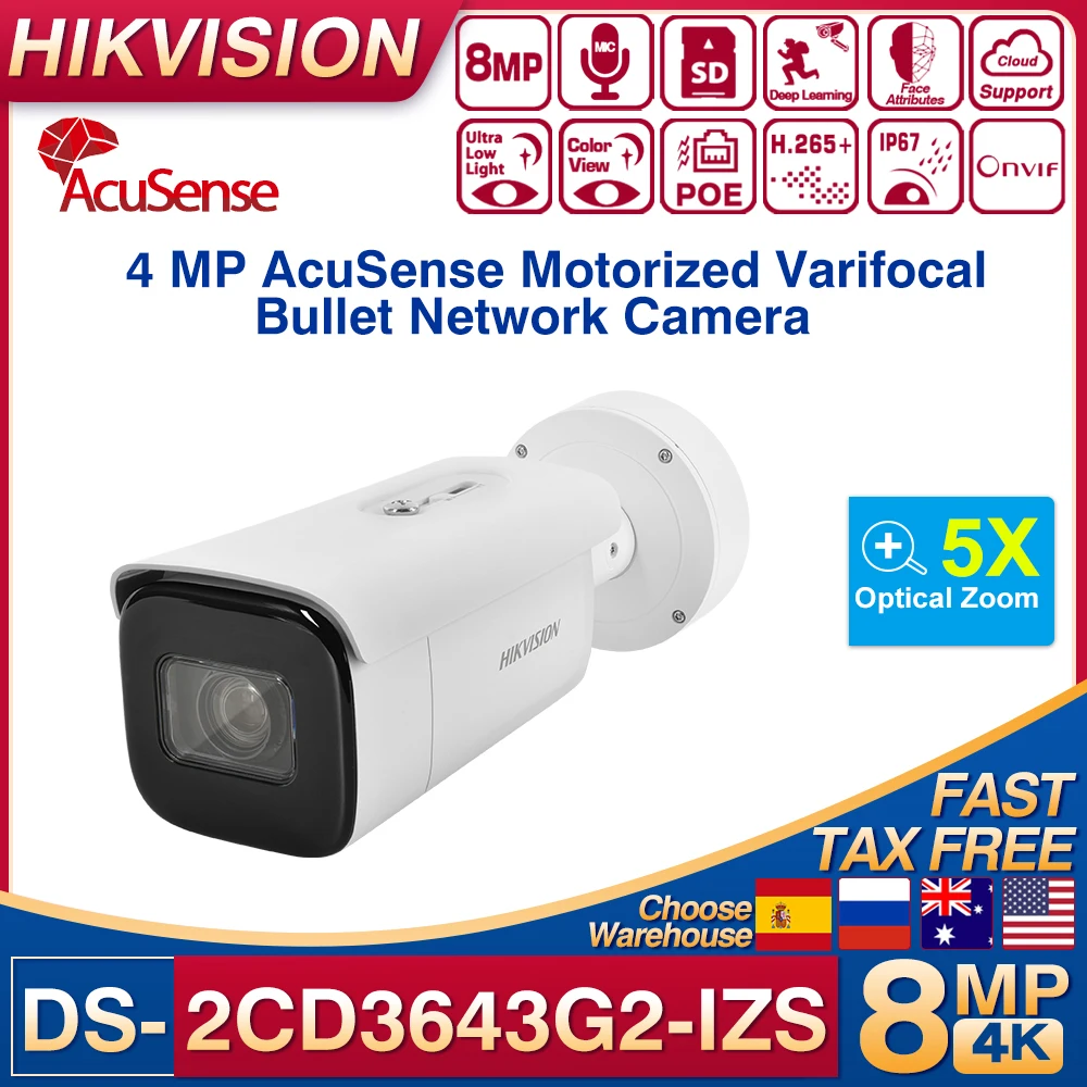 Originale Hikvision 4MP IR60M IK10 DS-2CD3643G2-IZS 5X Zoom 2.7-13.5MM AcuSense Telecamera IP bullet Motorizza Telecamera di rete varifocale