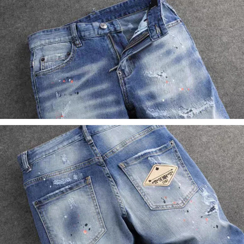 

Fashionable new jeans, washed with nostalgia, stretchy, slim fit, light blue men's jeans, high street hip-hop pants, y2k