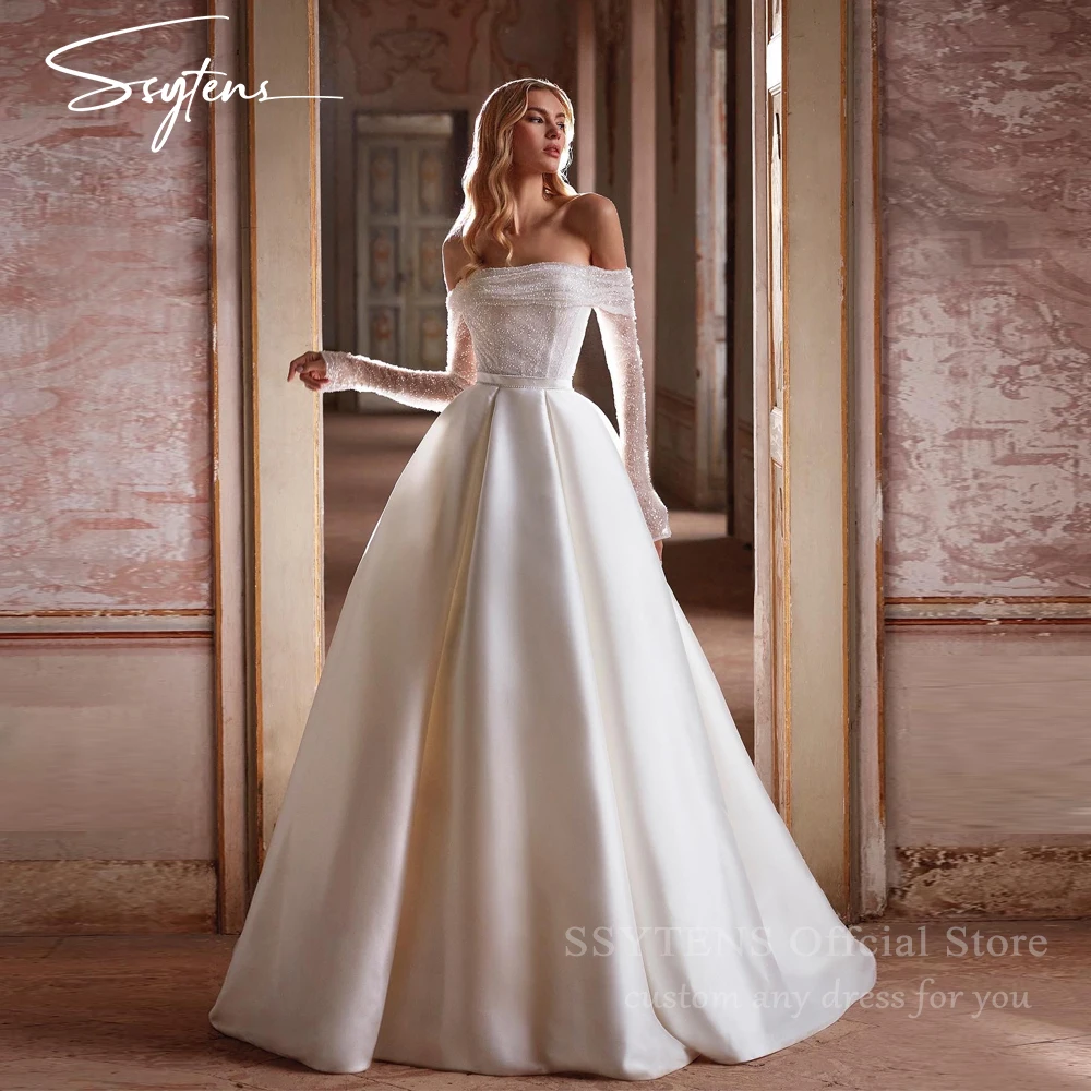 فساتين زفاف SSYTENS الأميرة الساتان للمرأة بأكمام طويلة 2025 فساتين العروس الخرز قبالة الكتف Vestidos De Novia مخصصة