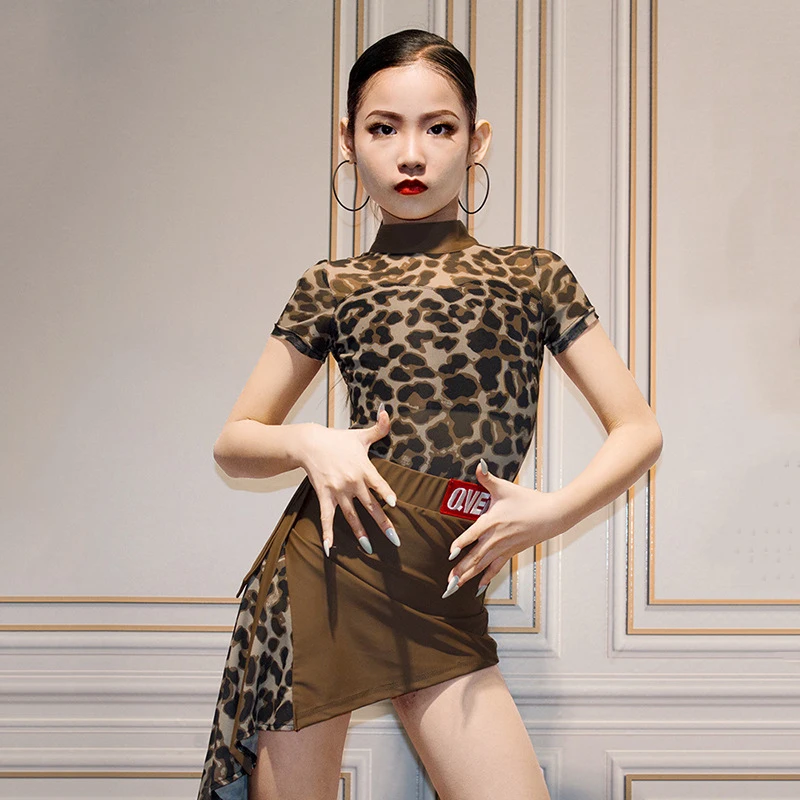 Childrens Latin Dance Clothing For Girl's Leopard Print Dancer Competition Set Samba Practice Clothes Line Dance Clothing XH1529