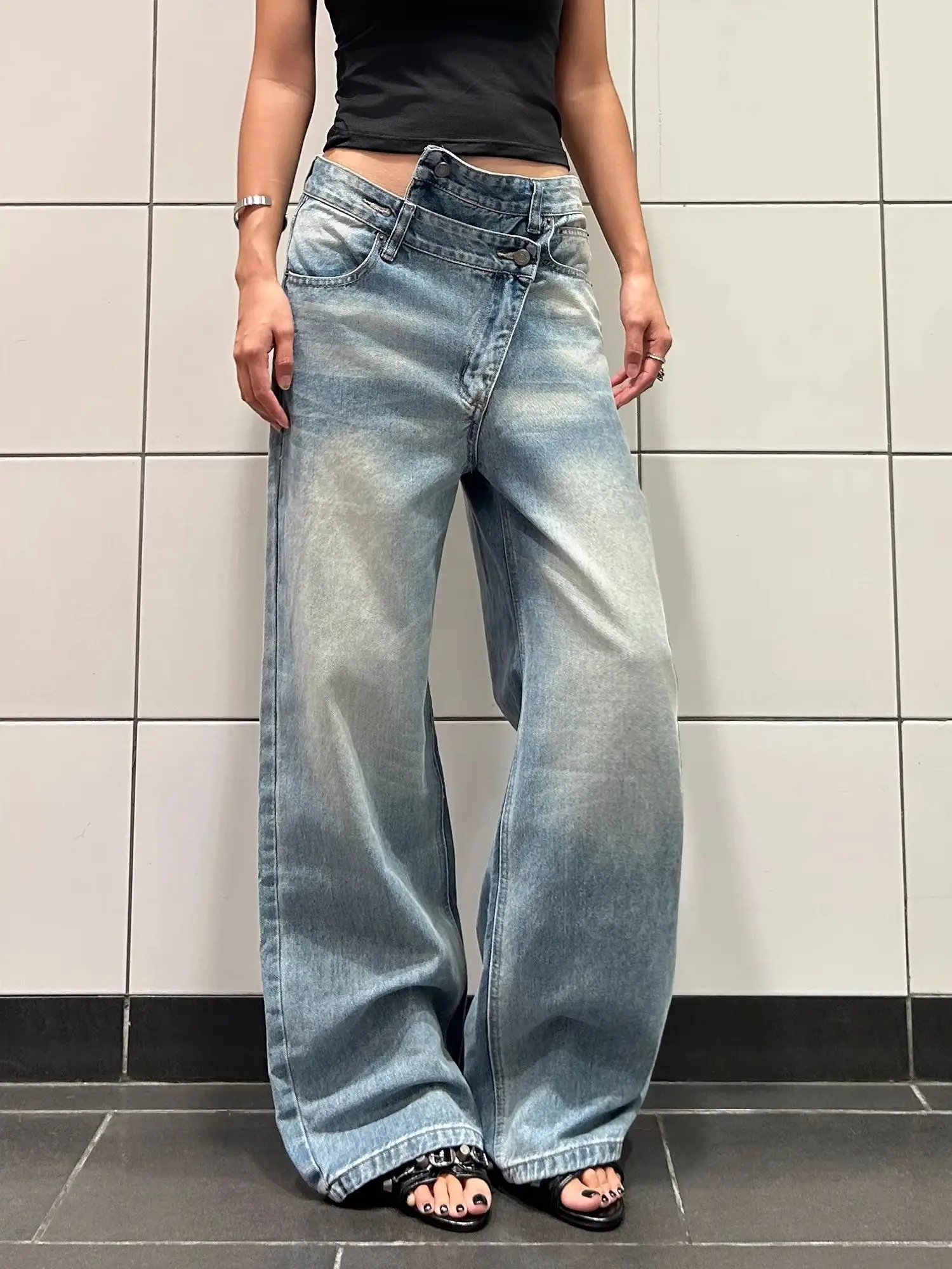 Y2K Dames Vintage Jeans Amerikaanse Retro Gewassen Denim Onregelmatige Taille Rechte Pijpen Fashion Design Broek