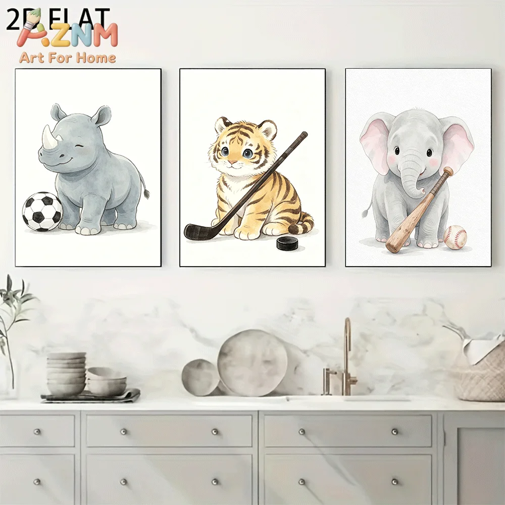 AZNM Frameless Canvas Wall Art, Cute Safari Animal Sports Print, Rhino Tiger Elephant Watercolor Art, Home Wall Decor for Living