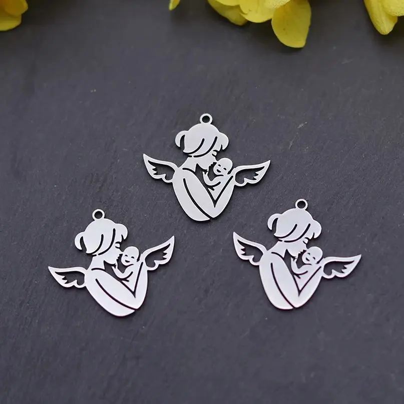 

3pcs Heart Mom and Baby Angel Wings Charms Stainless Steel Pendant for Jewelry Making Necklace Mother's Birthday Gifts Handmade