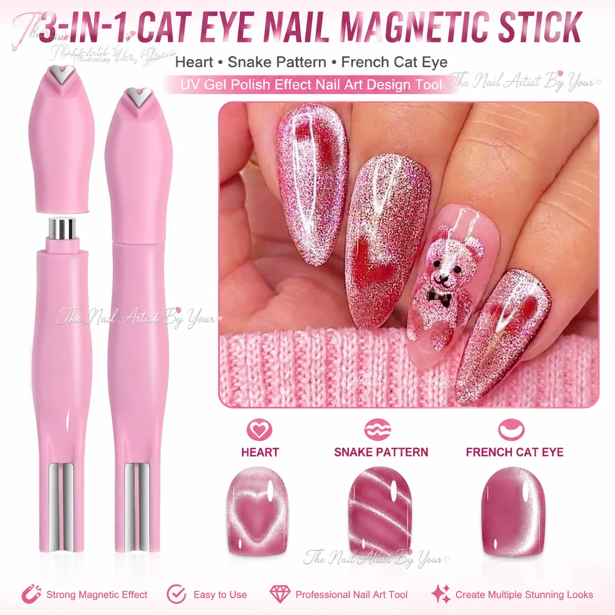 3 in 1 Cat Eye Nail Magnetic Stick Love Heart Snake Pattern French Cat Eye Nail Magnet UV Gel Polish Effect Manicure Design Tool