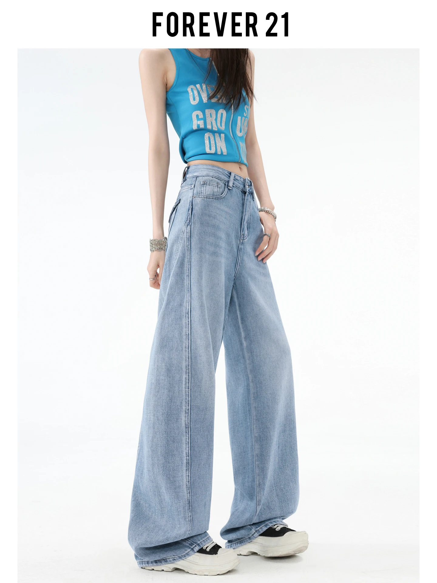 Calça jeans feminina de cintura alta, perna larga, solta, formato pera, estilo vintage, azul, calça comprida reta, Forever 21, estilo americano