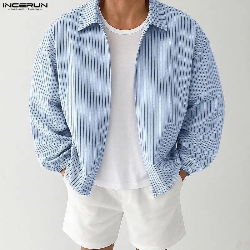 

INCERUN мужские куртки в полоску с лацканами и длинными рукавами на молнии, повседневные мужские тонкие пальто, уличная одежда, весенне-осенняя модная верхняя одежда для отдыха