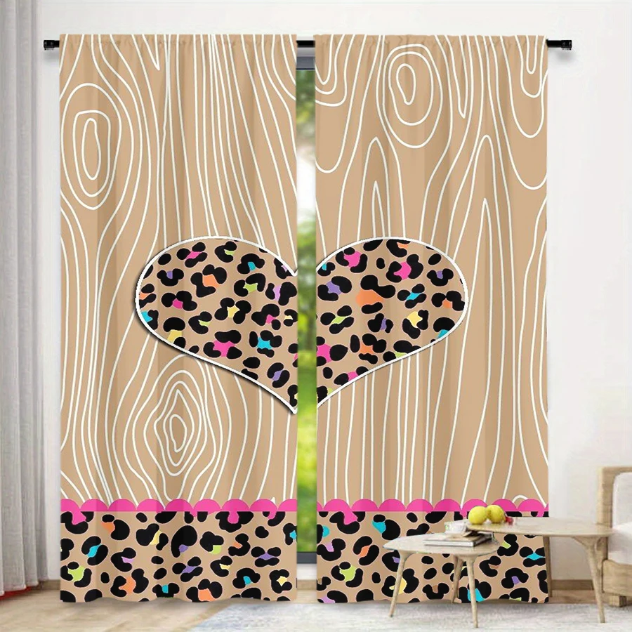 2-Pack Stylish Wood Grain and Colorful Leopard Heart Curtains Flat 2D Print Design Light Filtering Fabric Bedroom Living Room