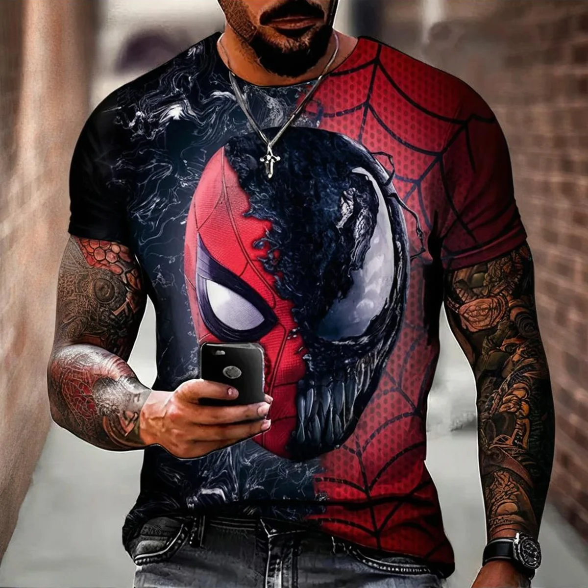 Camiseta colorida de verano 2025 para hombre, camiseta con estampado 3D de Spider Man, patrón de Iron Man, ropa informal de manga corta a la moda