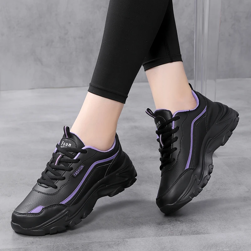 Black Thick Sole Leather Sneakers for Women Big Size 42 Fashion Women Running Shoes High Quality Flats Walking Platform Purple