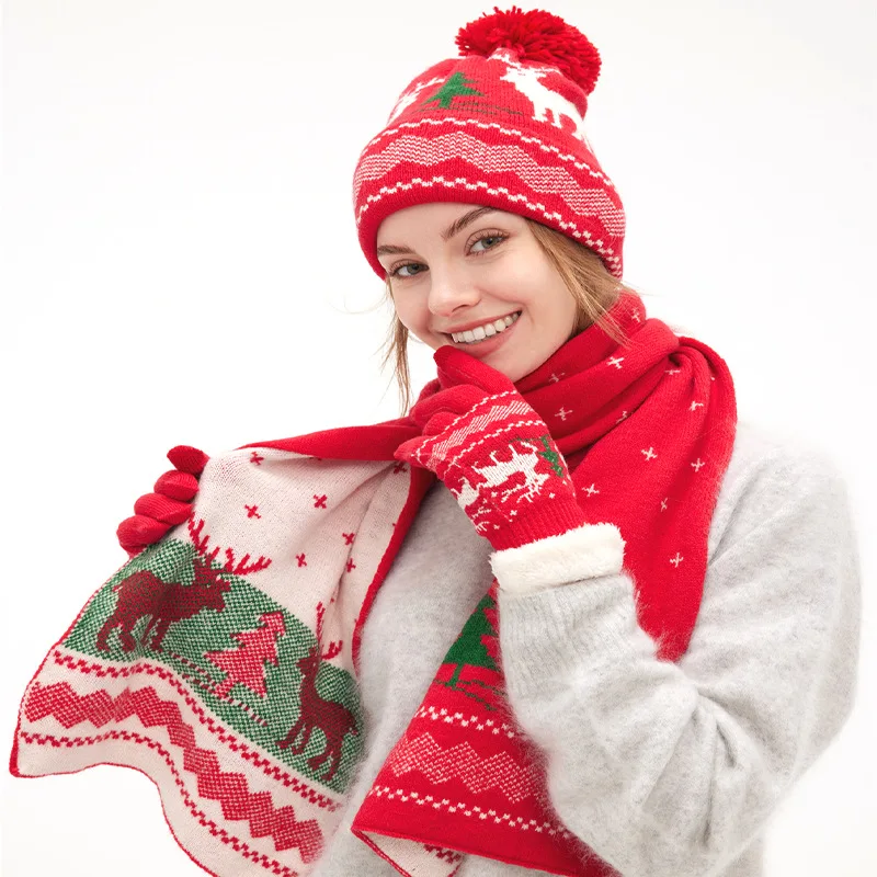 New winter style European and American women's warm Christmas knitted hat glove scarf three-piece set thickened wool scarf