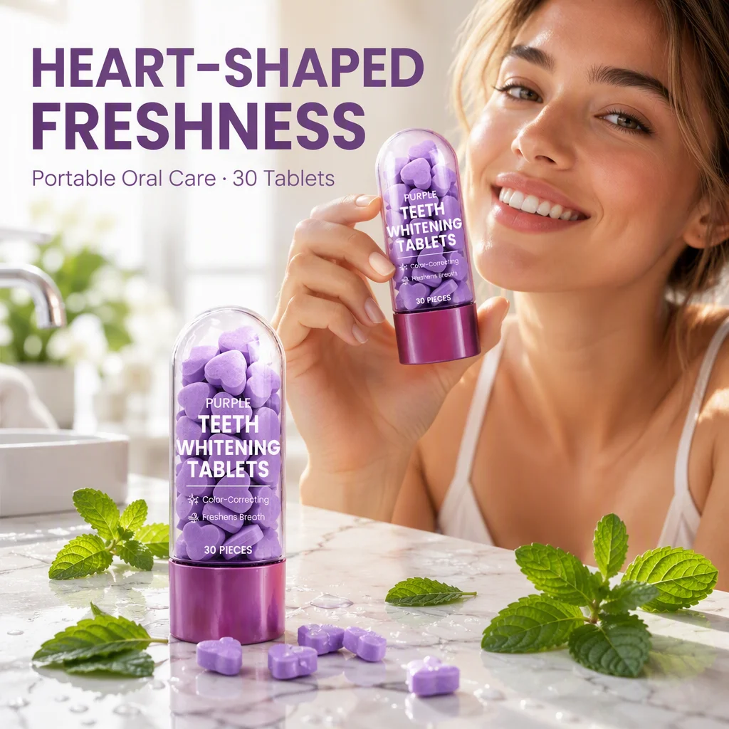 30 Pcs Heart Shaped Toothpaste Tablets Portable Toothpaste Tablets Mint Toothpaste Granules Purple Toothpaste Pellets Oral Care