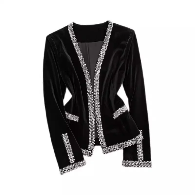 High End Women's Gold Velvet Pearl-Trimmed Short Blazer & Pants Set Elegant Spring Autumn Trendy Slim Fit Two-Piece Suit W1832