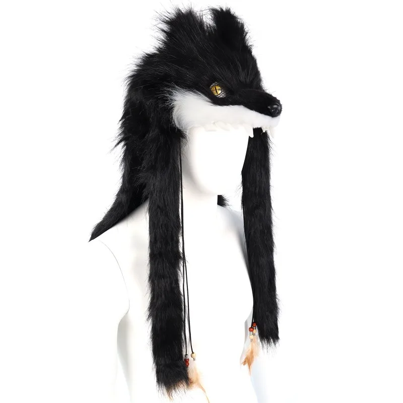Wolfsmaske aus Kunstfell, Tierkopfmaske in Form eines Wolfs oder Fuchses, Plüsch-Cosplay-Kostümzubehör für Halloween-Partys und Rollenspiele, weiches, flauschiges Outfit. – Detail 2